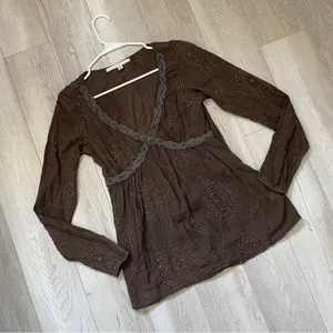 Burning Torch Top y2k boho hippie embroidered womens Brown (small) thumbnail 1