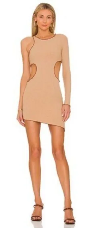 Superdown Katarina Cut Out Tan Brown‎ Cream Asymmetrical Mini Dress Small thumbnail 1