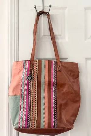 The Sak Tan Leather Patchwork Fabric Embellished Boho Top Zip Shoulder Tote Bag thumbnail 1