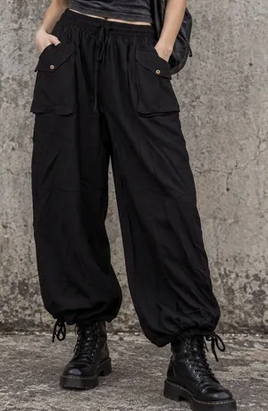 Tarse M Cargo Baggy Pants Parachute Black Linen Blend Wide Leg Boho Gorpcore New thumbnail 1