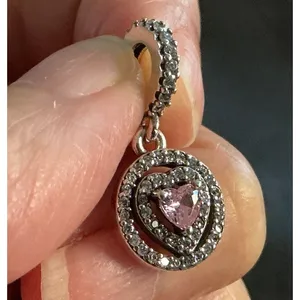 Pandora S925 ALE Pink Heart Double Halo Pavé Dangle Charm Sterling Silver thumbnail 2