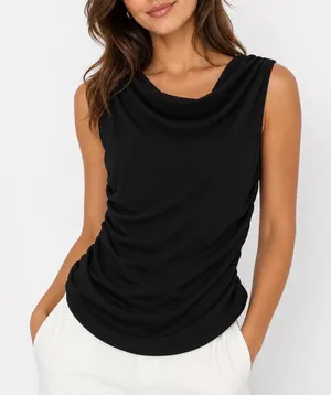 Romwe Black Cowl Neck Ruched Sleeveless Top XL Solid Minimalist Side Draped Tank thumbnail 1