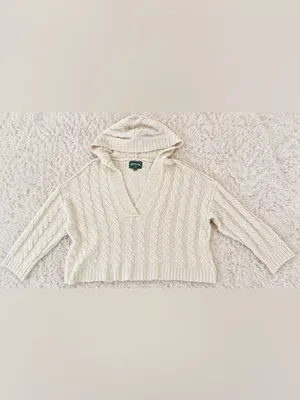 American Eagle Soft & Cozy Cable Knit Hoodie Sweater – Cream/Ivory – XL thumbnail 6