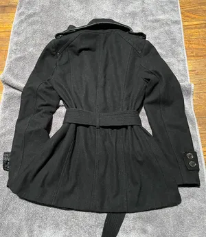 Kenneth Cole Black Belted Double Breasted Fitted Wool Coat Jacket thumbnail 3
