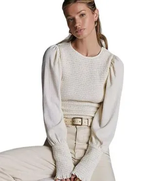 Anthropologie Smocked Puff Sleeve Ivory Cream Top size small Femine thumbnail 1