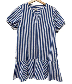J. Crew Cotton Dress Sz 10 Blue White Stripe Ruffle Puff Sleeve Coastal V-Neck thumbnail 1