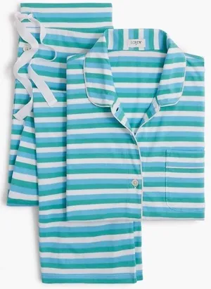 J. Crew Women's Long Sleeve Knit Pajama Set in Teal Whisper Mult, Size Medium thumbnail 1