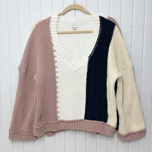 POL V-Neck Color Block Chunky Knitted Sweater Women’s‎ Size M thumbnail 6