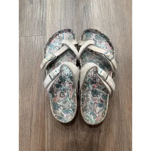 Birkenstock Salina Suede Sandals Cream Paisley Print Footbed Womens 39 L8 M6 thumbnail 3
