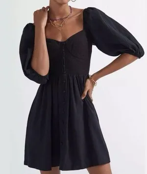 Anthropologie Maeve Puff-Sleeved Cotton Sweetheart Mini Dress Black Size Medium thumbnail 1