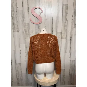Rust Brown Crochet Knit Crop Sweater | Women’s Size Small | Boho Open Weave Long thumbnail 3