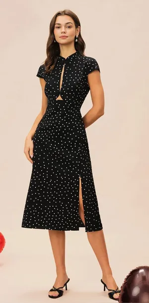 Rihoas Black Mandarin Collar Polka Dot Midi Dress thumbnail 1