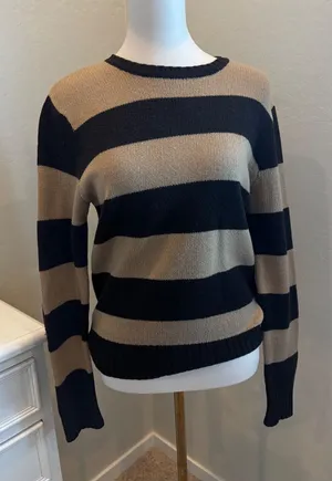 vintage 90s fall wool chocolate brown tan J.Crew Striped Sweater Elbow Patch Black thumbnail 1