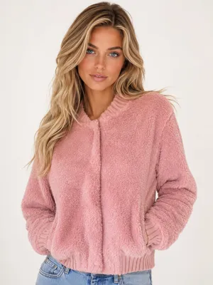 Olivia Sky Blush Bomber Jacket‎ Fuzzy Cozy Winter Buttery Soft Zip Baddie NWTs M thumbnail 1