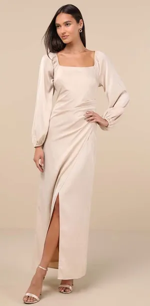 NWT Lulus Eternal Heart Champagne Satin Long Sleeve Maxi Dress Bridesmaid Size M thumbnail 1