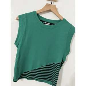 Maeve Green/Black Striped Ribbed Knit Crew Neck Sleeveless Muscle Tank Top Sz M thumbnail 3
