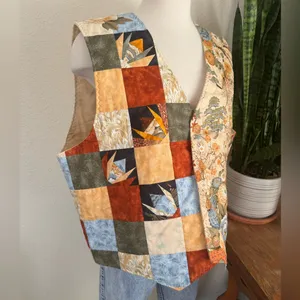 Vintage Patchwork Floral‎ Quilted Vest Reversible Boho Fall Layering large Orange thumbnail 6