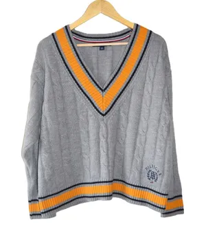 Tommy Hilfiger Sweater Large Gray Varsity V-Neck Cable Knit Excellent Y2K Junior thumbnail 1