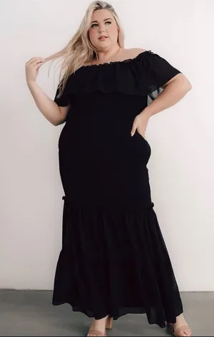 Baltic Born Amalfi Smocked Off Shoulder Long Maxi Mermaid Ruffle Dress Black XL thumbnail 1