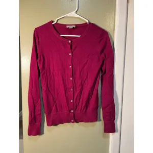 Loft Women's Sz XS Cardigan Sweater Crewneck Magenta Pink Jeweled Buttons Cotton thumbnail 3