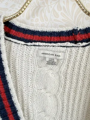 American Eagle Creamy Gray Varsity Cable Knit Button Cardigan - Size - Large thumbnail 8