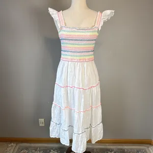 Vineyard Vines Flutter Sleeve Smocked Tiered‎ White Linen Midi Dress Size S thumbnail 2