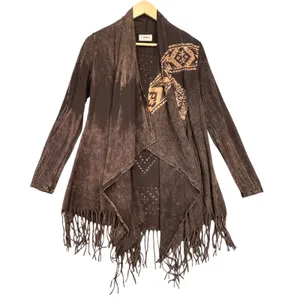 Vocal Women's Brown Aztec‎ Tribal Print Fringe Open Front Cowgirl Cardigan Small thumbnail 2