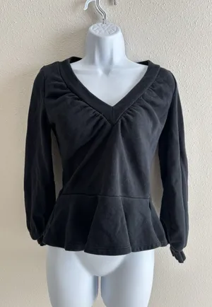 Maeve‎ by Anthropologie Black Puff Long Sleeve Stretch Peplum Top XS thumbnail 1