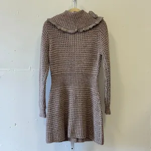 Sioni Taupe Ruffle Long Cardigan Sweater Mauve Knit Medium 90s Knee Length‎ thumbnail 2