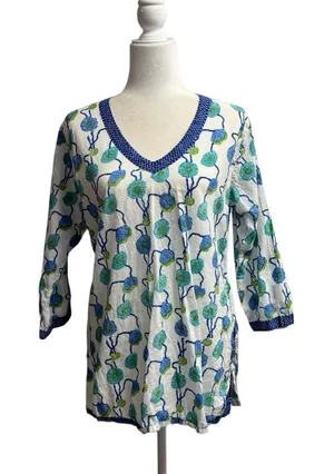 Gretchen Scott Long Sleeve Tunic Top Blouse Floral Blue Green Cotton Medium thumbnail 1