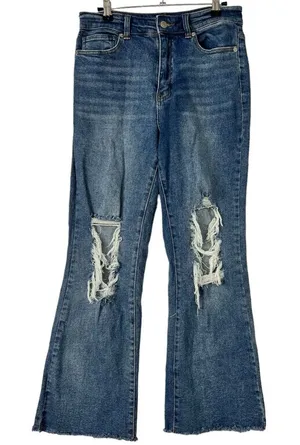 Forever21 Jeans Flare Leg High Rise Busted Knees Raw Hem Dark Wash Stretch‎ 29 thumbnail 1