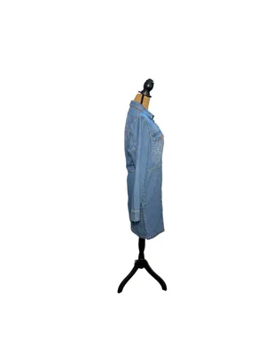 Frye Denim Shirt Dress Womens L Western Long Sleeve Button Front Mini Blue thumbnail 2