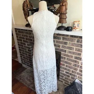 Aura RED DRESS White Lace Halter Neck Maxi Dress Sheer Split Hem Size XS thumbnail 6