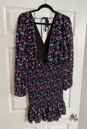 Smocked V Neck Balloon Sleeve Runch Waist Surplice Dress thumbnail 2