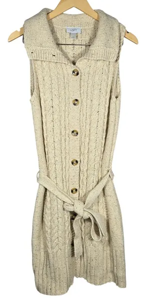 Ann Taylor LOFT Cream Cable Knit Long Sleeveless Cardigan‎ Vest Belted Medium thumbnail 1