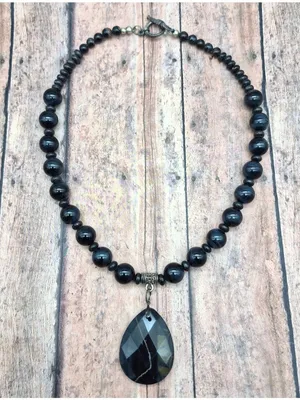 Black Glass Bead Collar Necklace Tigers Eye Faceted Teardrop Pendant Witchy Goth thumbnail 7