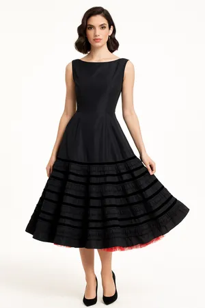 1950s Style Black Velvet Trim Tiered Cocktail Dress Red Tulle Unbranded Small thumbnail 2