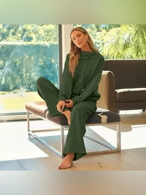 2 piece Olive Green Wide-Leg Lounge Pants - Women's Casual Pull-On Fall Wide Leg thumbnail 3