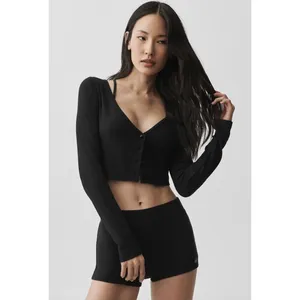 Alo Yoga Ribbed Cropped Whisper Cardigan Black Button Front XS thumbnail 7
