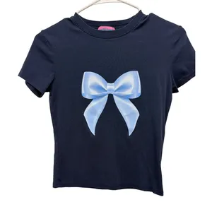Edikted Navy Blue Baby Tee Blue Bow Graphic Short Sleeve Crop Top Small thumbnail 1