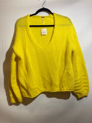 NWT Free People Neon Yellow Alpaca Blend V Neck Slouchy Knit Sweater Size S thumbnail 2