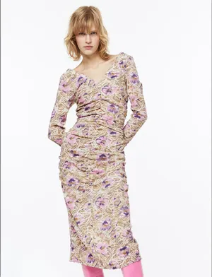 H&M Floral Ruched Midi Dress Bodycon Long Sleeve V Neck Boho Romantic Size XS thumbnail 2