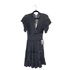 Max Studio Small Navy Jersey Smocked Waist Tiered Stripe‎ Dress Cottagecore thumbnail 2