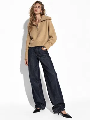 Bershka Beige Quarter Zip Oversized Collar Knit Sweater Pullover Fall Medium thumbnail 3