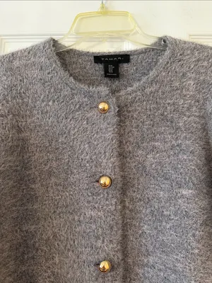 Tahari Gray Fuzzy Cardigan with Gold Buttons size M length 23” bust 36” new thumbnail 3