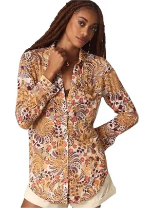 Anthro Pilcro Multicolor Botanical Floral Button-Down Long Sleeve Shirt L thumbnail 1
