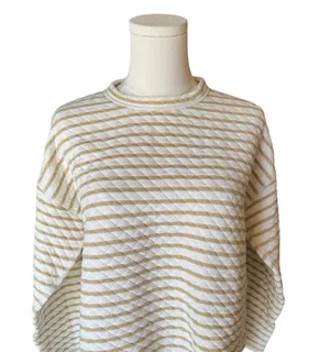 J. Crew - Beige and Cream Preppy Striped Reversible Quilted Pullover Sz M thumbnail 4
