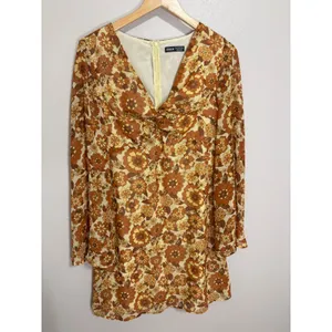 Retro Mini Dress Brown Mod Floral 70s Boho Bell Sleeve Groovy Festival Hippie L thumbnail 3