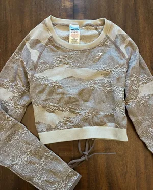 Gymshark Adapt Top Women’s Medium Seamless Camo Lace Up Back Brown Tan thumbnail 1