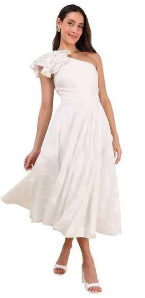 Lulus Sweet Definition White Burnout Ruffled One-Shoulder Midi Dress size M NWT thumbnail 1